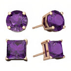 DiamondX 18k Rose Gold 2 Pair Created Amethyst 4mm Round & Princess Cut Stud Earrings Plated