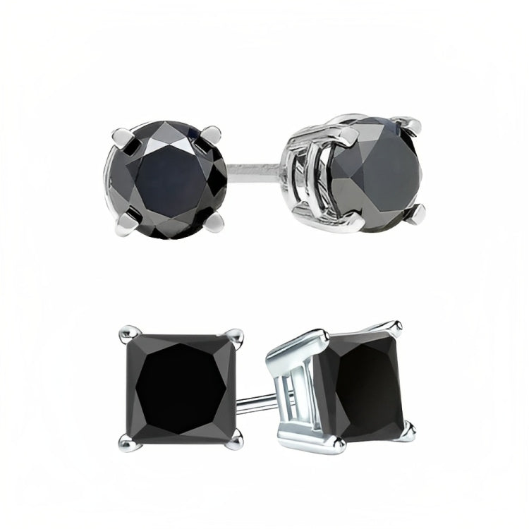 18k White Gold 2 Pair Black Moissanite Round & Princess Cut Stud Earrings Plated 4mm By DiamondX