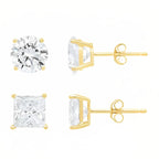 18k Yellow Gold 2 Pair Moissanite Round & Princess Cut Stud Earrings Plated 4mm By DiamondX