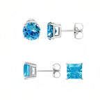 DiamondX 18k White Gold 2 Pair Created Blue Topaz 4mm, 6mm Round & Princess Cut Stud Earrings Plated