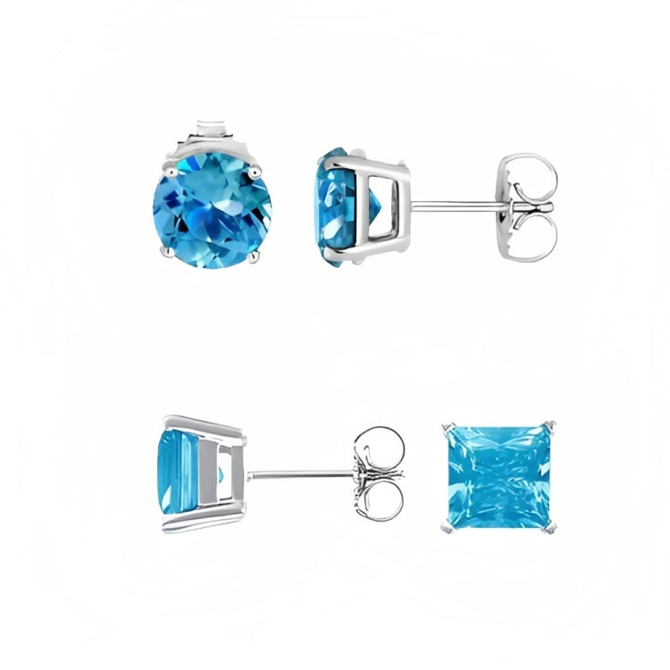 DiamondX 18k White Gold 2 Pair Created Blue Topaz 4mm, 6mm Round & Princess Cut Stud Earrings Plated