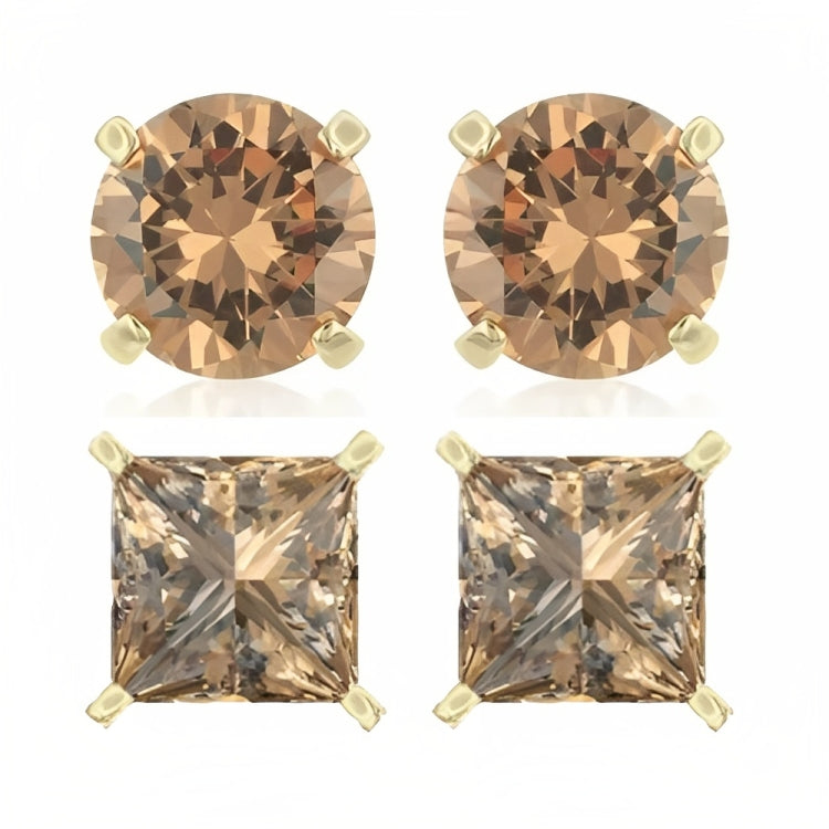 DiamondX 18k Yellow Gold 2 Pair Created Champagne 4mm, 6mm Round & Princess Cut Stud Earrings Plated