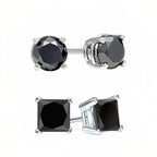 DiamondX 18k White Gold 2 Pair Created Black Sapphire 4mm, 6mm Round & Princess Cut Stud Earrings Plated