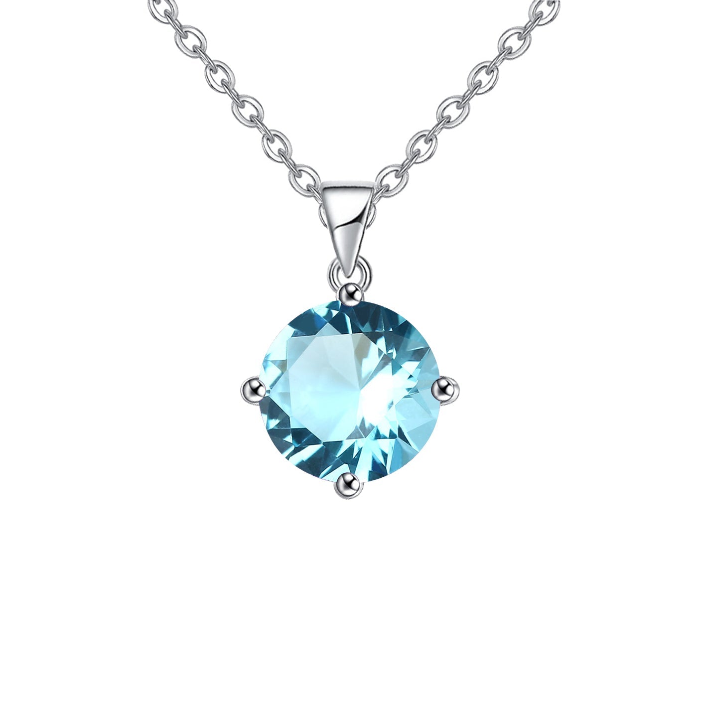 18K White Gold 2 Carat Created Aquamarine Round Stud Necklace Plated 18 inch