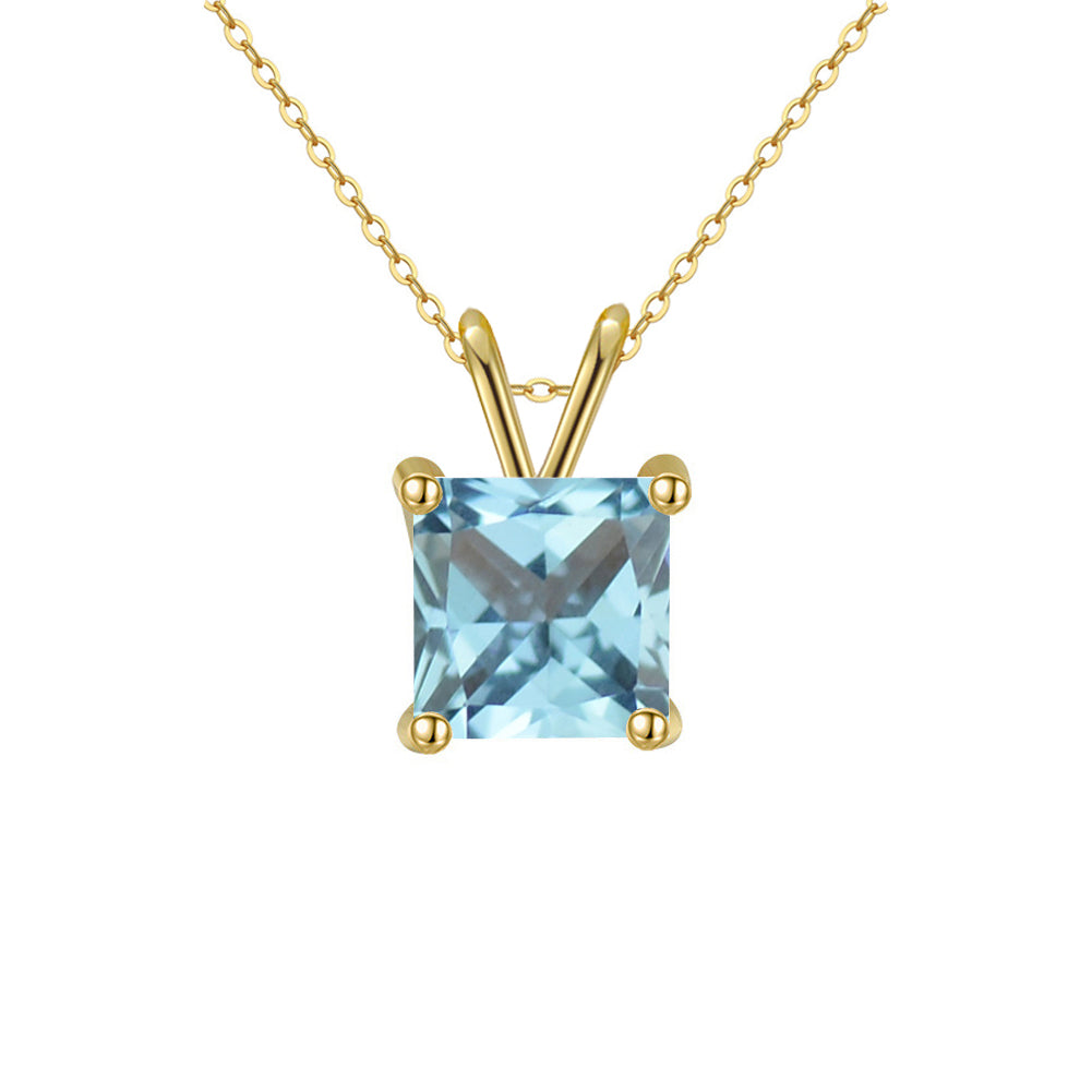 18K Yellow Gold 4 Carat Created Aquamarine Princess Stud Necklace Plated 18 inch