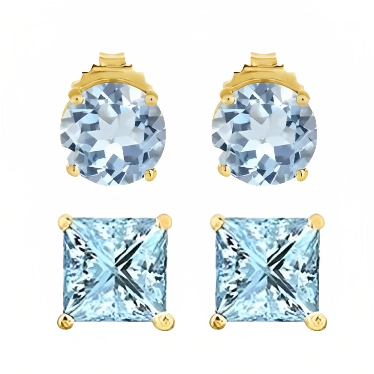 DiamondX 18k Yellow Gold 2 Pair Created Aquamarine 4mm, 6mm Round & Princess Cut Stud Earrings Plated