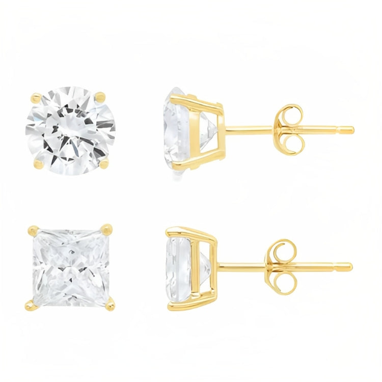 18k Yellow Gold 2 Pair Moissanite Round & Princess Cut Stud Earrings Plated 6mm By DiamondX