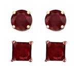 DiamondX 18k Rose Gold 2 Pair Created Ruby 4mm Round & Princess Cut Stud Earrings Plated