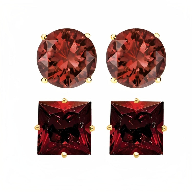 DiamondX 18k Yellow Gold 2 Pair Created Garnet 6mm Round & Princess Cut Stud Earrings Plated