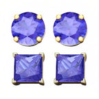 DiamondX 18k Yellow Gold 2 Pair Created Tanzanite 6mm Round & Princess Cut Stud Earrings Plated