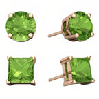 DiamondX 18k Rose Gold 2 Pair Created Peridot 6mm Round & Princess Cut Stud Earrings Plated