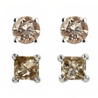 DiamondX 18k White Gold 2 Pair Created Champagne 4mm, 6mm Round & Princess Cut Stud Earrings Plated