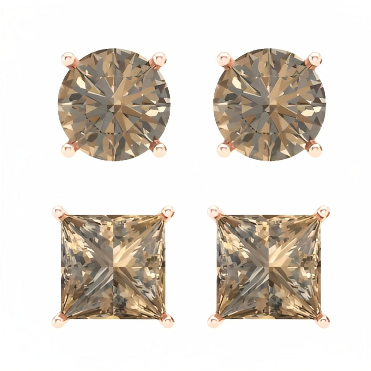 DiamondX 18k Rose Gold 2 Pair Created Champagne 6mm Round & Princess Cut Stud Earrings Plated