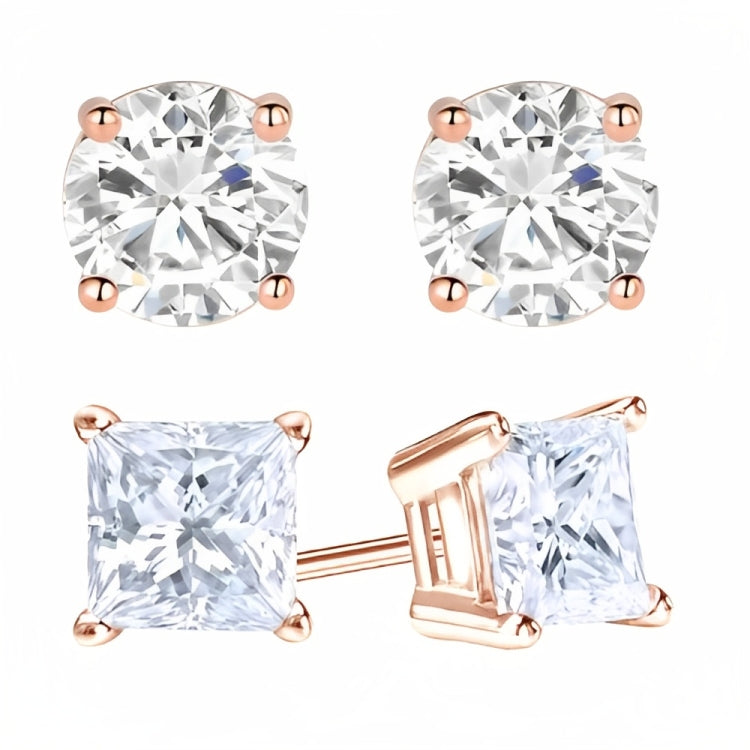 18k Rose Gold 2 Pair Moissanite Round & Princess Cut Stud Earrings Plated 4mm By DiamondX