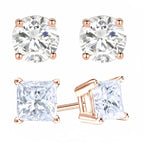 18k Rose Gold 2 Pair Moissanite Round & Princess Cut Stud Earrings Plated 4mm By DiamondX
