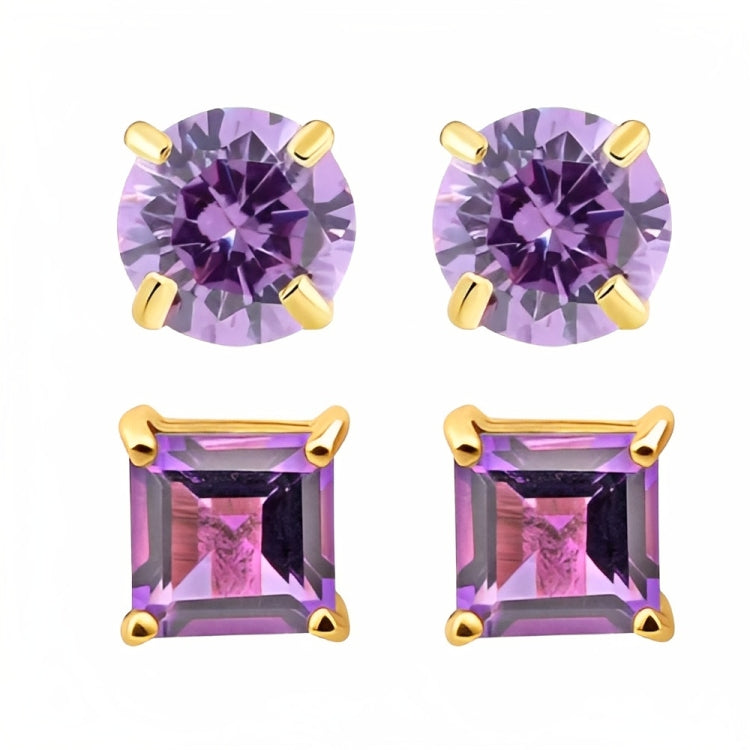 DiamondX 18k Yellow Gold 2 Pair Created Amethyst 4mm, 6mm Round & Princess Cut Stud Earrings Plated
