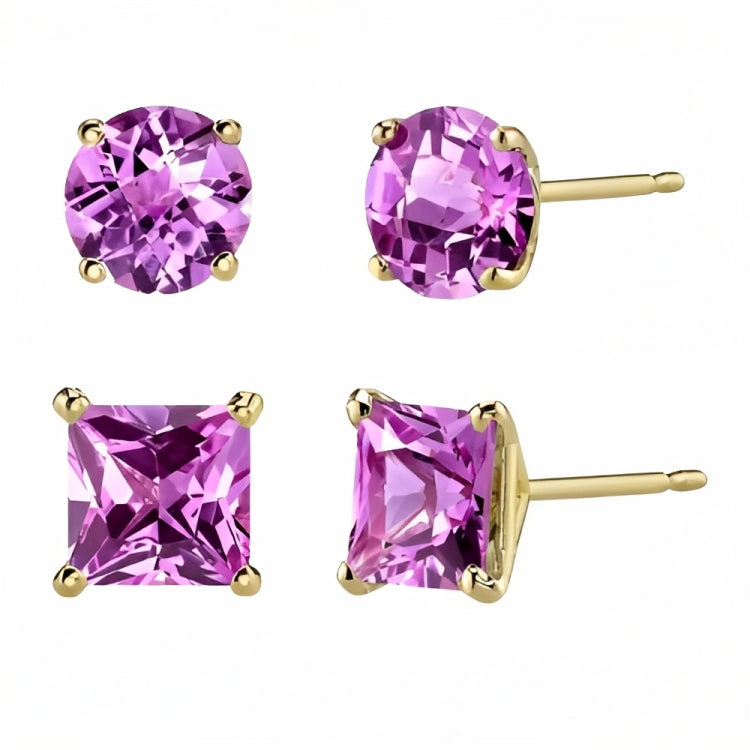 DiamondX 18k Yellow Gold 2 Pair Created Pink Sapphire 4mm, 6mm Round & Princess Cut Stud Earrings Plated