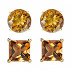 DiamondX 18k Yellow Gold 2 Pair Created Citrine 4mm, 6mm Round & Princess Cut Stud Earrings Plated