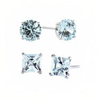 DiamondX 18k White Gold 2 Pair Created Aquamarine 4mm Round & Princess Cut Stud Earrings Plated