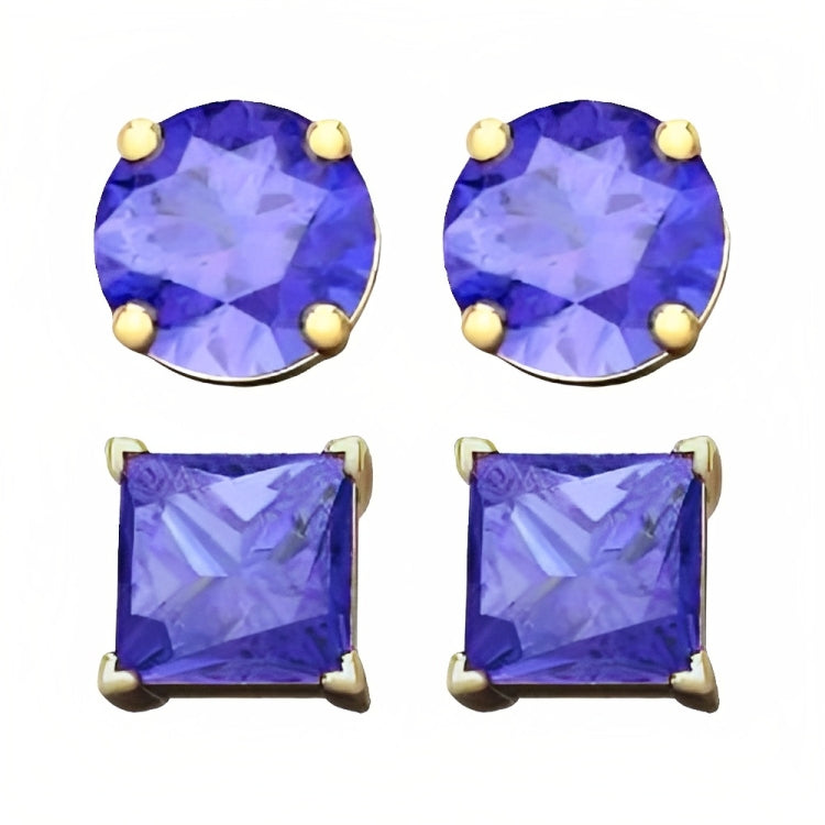 DiamondX 18k Yellow Gold 2 Pair Created Tanzanite 4mm, 6mm Round & Princess Cut Stud Earrings Plated