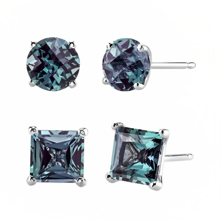 DiamondX 18k White Gold 2 Pair Created Alexandrite 4mm Round & Princess Cut Stud Earrings Plated