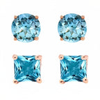 DiamondX 18k Rose Gold 2 Pair Created Blue Topaz 4mm, 6mm Round & Princess Cut Stud Earrings Plated