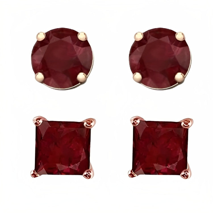 DiamondX 18k Rose Gold 2 Pair Created Ruby 6mm Round & Princess Cut Stud Earrings Plated