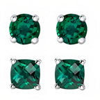 DiamondX 18k White Gold 2 Pair Created Emerald 4mm Round & Princess Cut Stud Earrings Plated