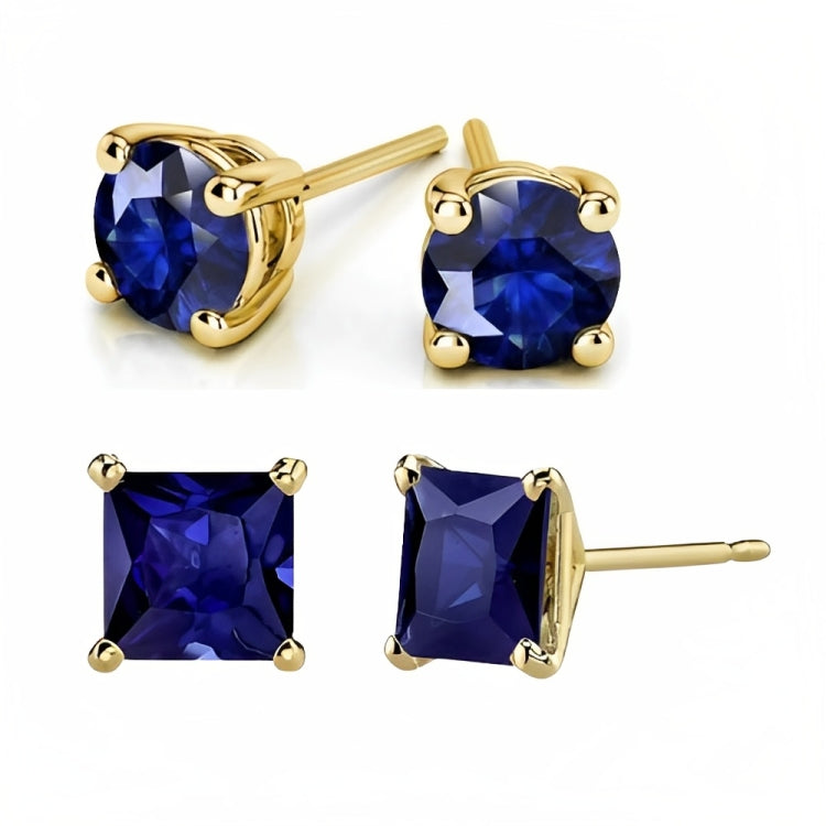 DiamondX 18k Yellow Gold 2 Pair Created Blue Sapphire 4mm, 6mm Round & Princess Cut Stud Earrings Plated