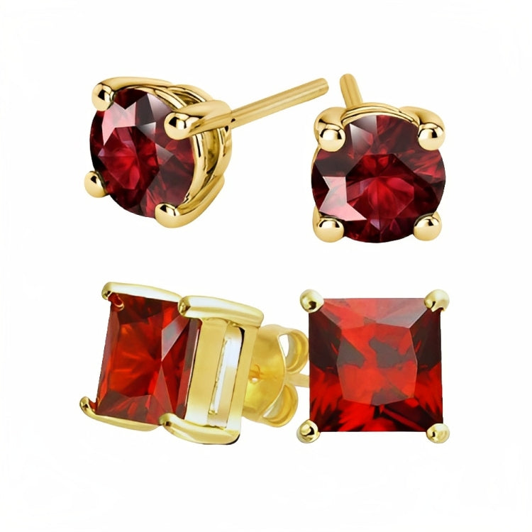 DiamondX 18k Yellow Gold 2 Pair Created Ruby 6mm Round & Princess Cut Stud Earrings Plated