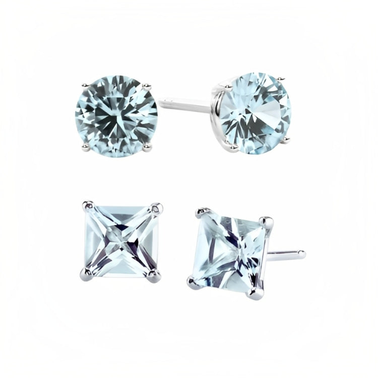 DiamondX 18k White Gold 2 Pair Created Aquamarine 6mm Round & Princess Cut Stud Earrings Plated