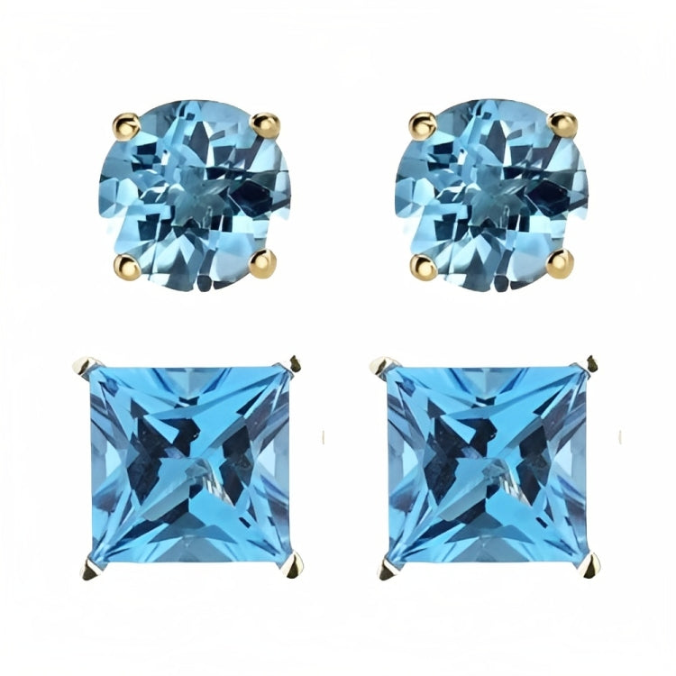 DiamondX 18k Yellow Gold 2 Pair Created Blue Topaz 4mm, 6mm Round & Princess Cut Stud Earrings Plated