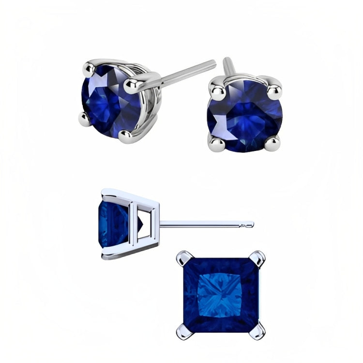 DiamondX 18k White Gold 2 Pair Created Blue Sapphire 4mm, 6mm Round & Princess Cut Stud Earrings Plated