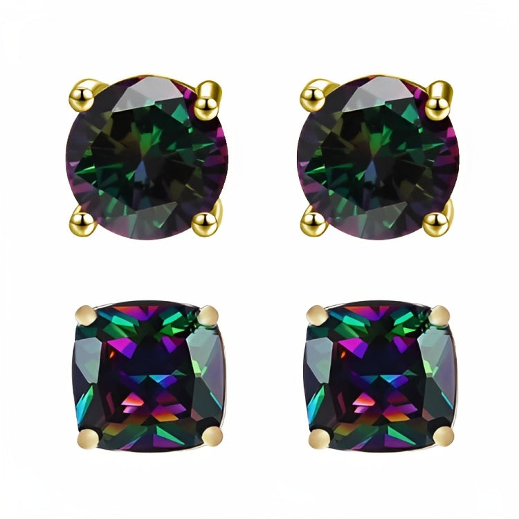 DiamondX 18k Yellow Gold 2 Pair Created Mystic 4mm Round & Princess Cut Stud Earrings Plated