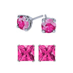 DiamondX 18k White Gold 2 Pair Created Pink Sapphire 6mm Round & Princess Cut Stud Earrings Plated