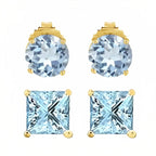 DiamondX 18k Yellow Gold 2 Pair Created Aquamarine 4mm Round & Princess Cut Stud Earrings Plated