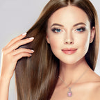18K Rose Gold Created Pink Sapphire Princess Halo Pendant Necklace, Earrings and Tennis Bracelet Jewelry Set Plated