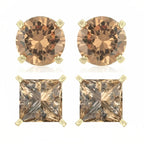DiamondX 18k Yellow Gold 2 Pair Created Champagne 6mm Round & Princess Cut Stud Earrings Plated