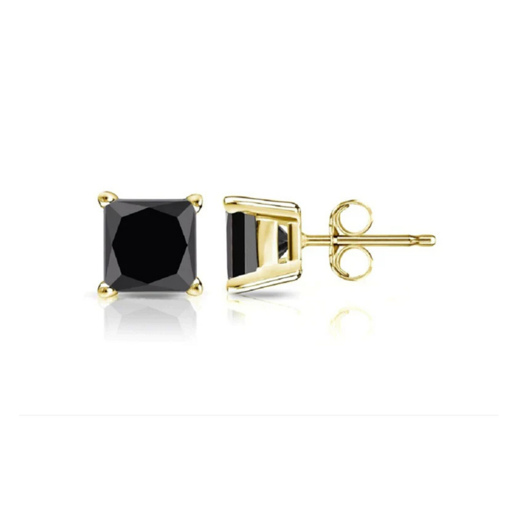 DiamondX 14K Yellow Solid Gold Created Black Diamond 1/4Ct, 1/2Ct, 1Ct, 2Ct, 3CT Round and Princess Stud Earrings 2 Pairs