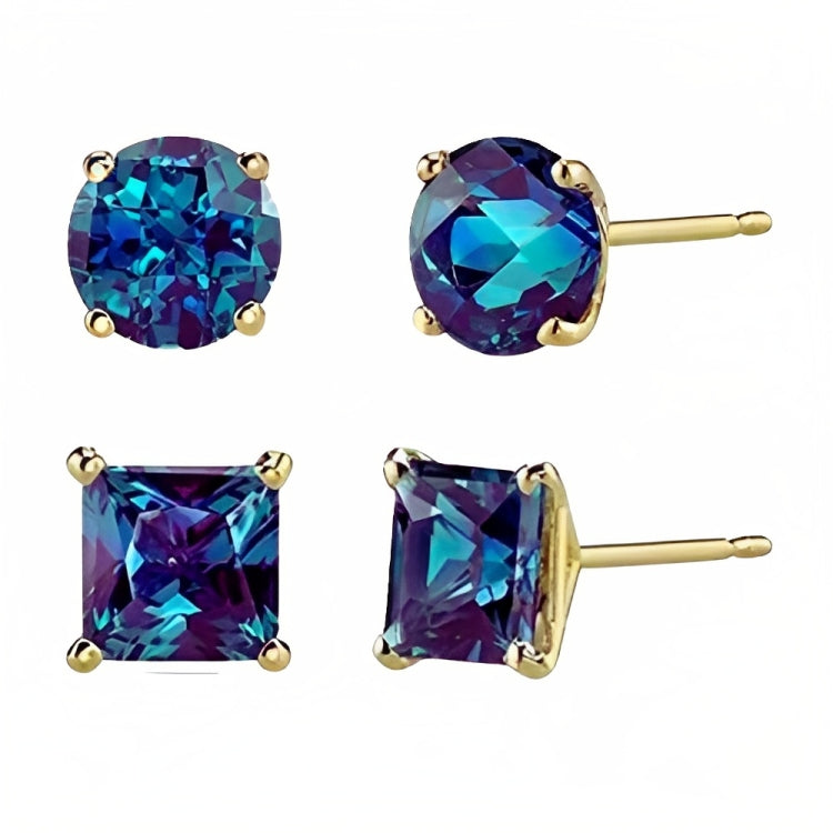 DiamondX 18k Yellow Gold 2 Pair Created Alexandrite 4mm, 6mm Round & Princess Cut Stud Earrings Plated