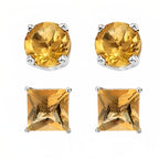 DiamondX 18k White Gold 2 Pair Created Citrine 4mm Round & Princess Cut Stud Earrings Plated