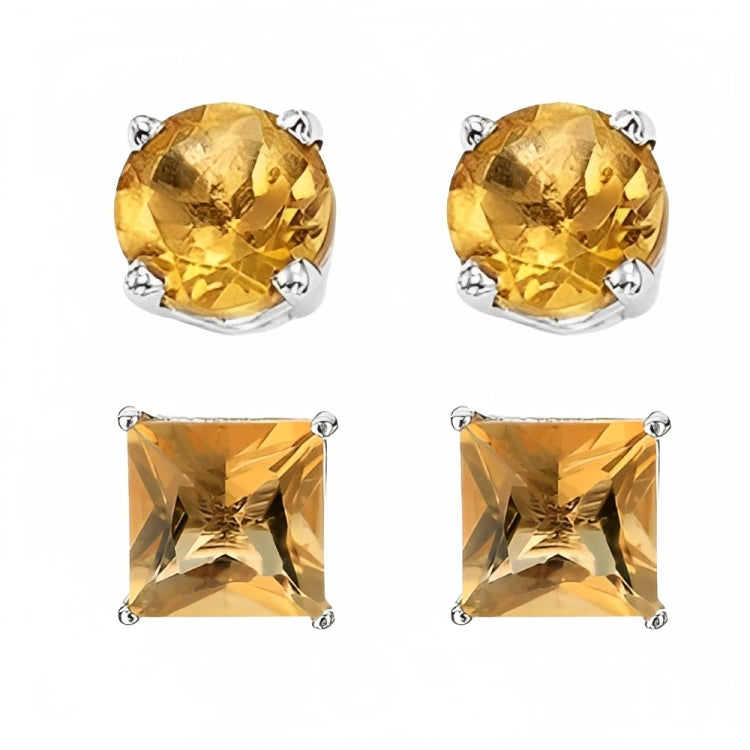 DiamondX 18k White Gold 2 Pair Created Citrine 4mm, 6mm Round & Princess Cut Stud Earrings Plated