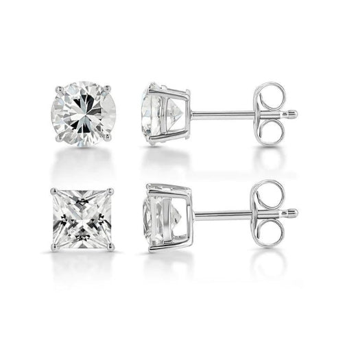 18k White Gold 2 Pair Moissanite Round & Princess Cut Stud Earrings Plated 6mm By DiamondX