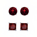 DiamondX 18k White Gold 2 Pair Created Garnet 4mm Round & Princess Cut Stud Earrings Plated