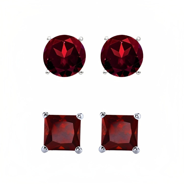 DiamondX 18k White Gold 2 Pair Created Garnet 4mm Round & Princess Cut Stud Earrings Plated