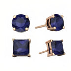 DiamondX 18k Rose Gold 2 Pair Created Blue Sapphire 6mm Round & Princess Cut Stud Earrings Plated