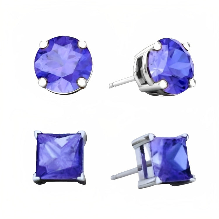 18k White Gold 2 Pair Created Tanzanite 4mm Round & Princess Cut Stud Earrings Plated