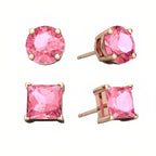 DiamondX 18k Rose Gold 2 Pair Created Tourmaline 4mm, 6mm Round & Princess Cut Stud Earrings Plated