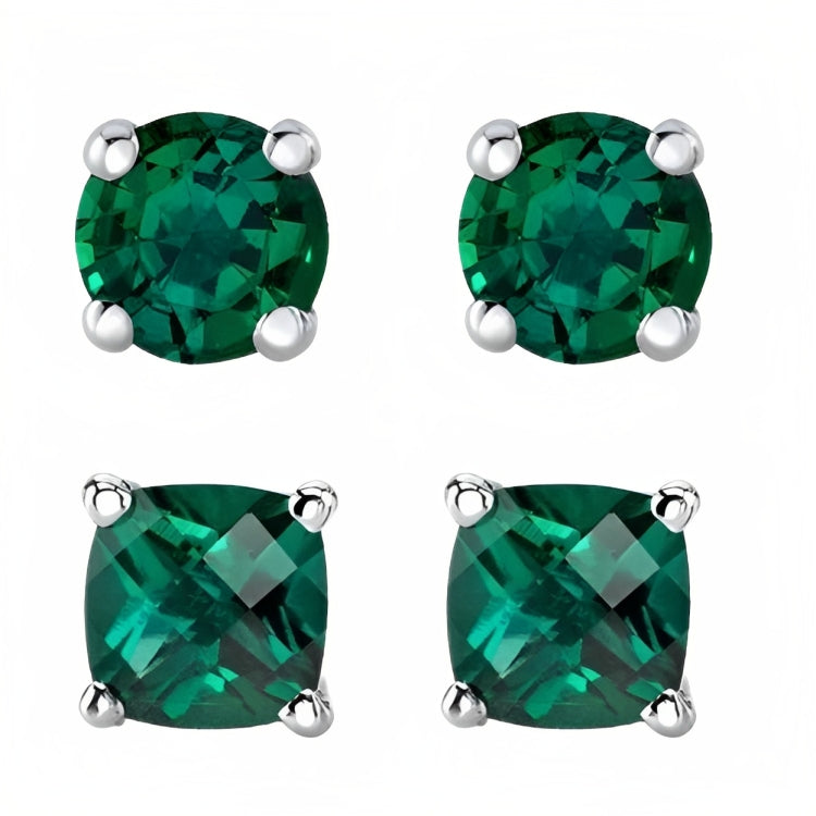 DiamondX 18k White Gold 2 Pair Created Emerald 4mm, 6mm Round & Princess Cut Stud Earrings Plated