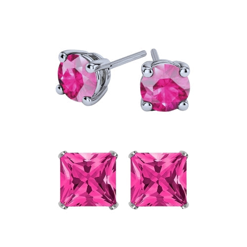 DiamondX 18k White Gold 2 Pair Created Tourmaline 4mm, 6mm Round & Princess Cut Stud Earrings Plated